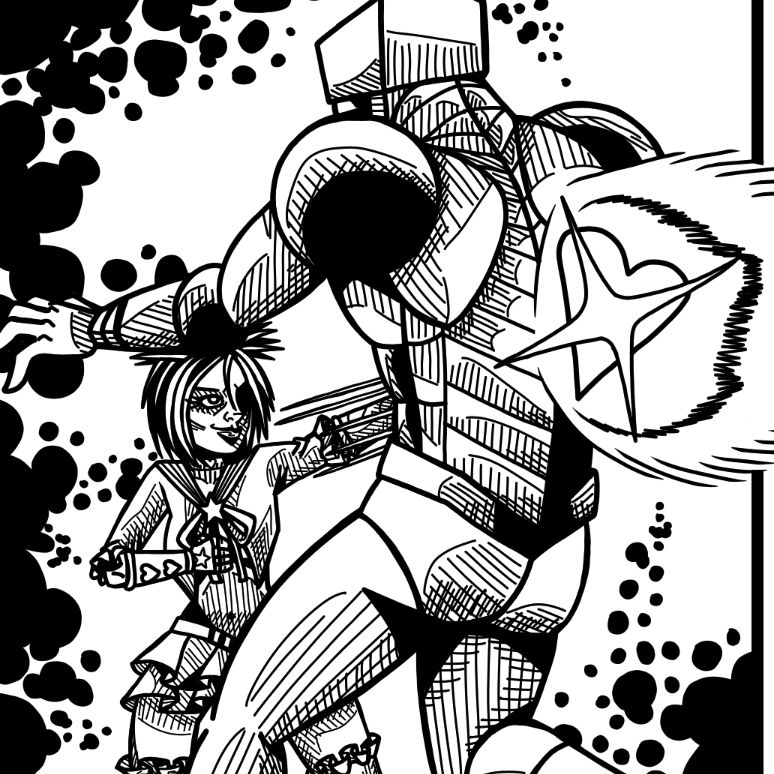 A woman dressed like a magical girl punches an armored man in the stomach. The impact causes an explosion of power symbolized by a heart-shape and sparkle.