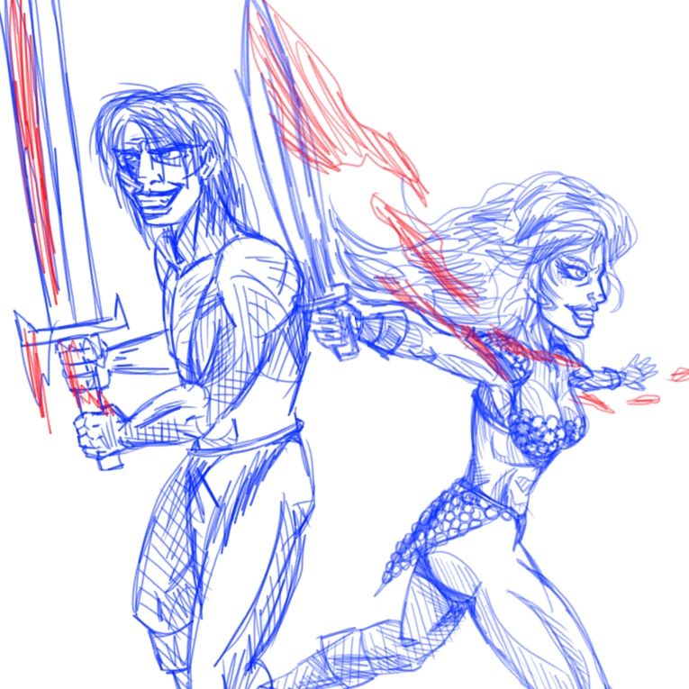 Sketch of Conan and Red Sonja back to back in battle. They both have bloodied blades and wild grins.