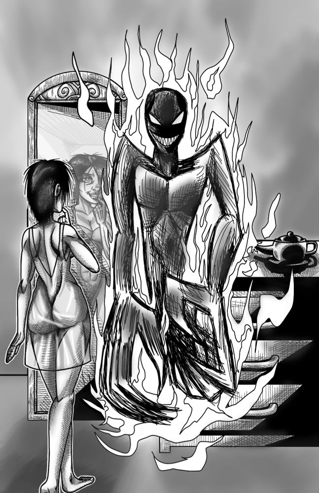 A woman in a sheer nightgown that leaves nothing to the imagination stands in front of a nightstand with a lamp on it. From the lamp springs a flaming humanoid creature with blank eyes and a wide grin full of sharp teeth.