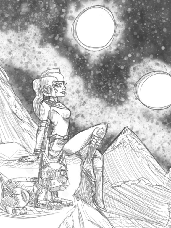 A retro-syle space adventuring woman sits on a cliff with her robot dog looking up at the night sky illuminated by two moons and glittering starlight.
