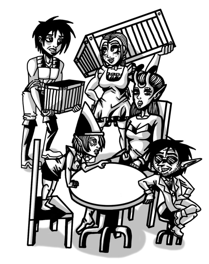 Drawing of an adventuring group consisting of a goblin, gnome, alien, and two humans bicker around a table.