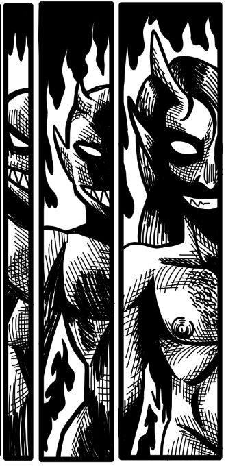 Three panel sequence of a flaming creature morphing into a more human-like form.