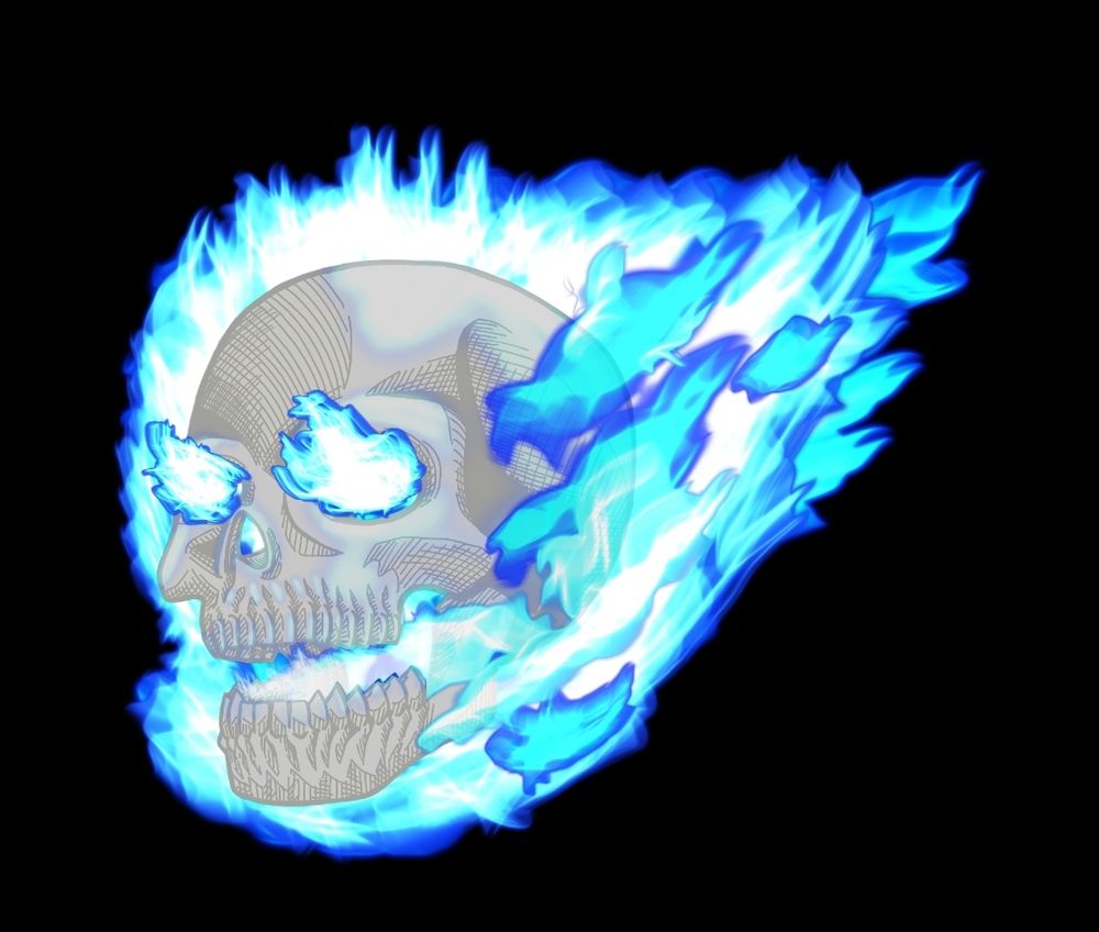 A skull shrouded in blue flame with fire shooting out of its eyes and mouth.