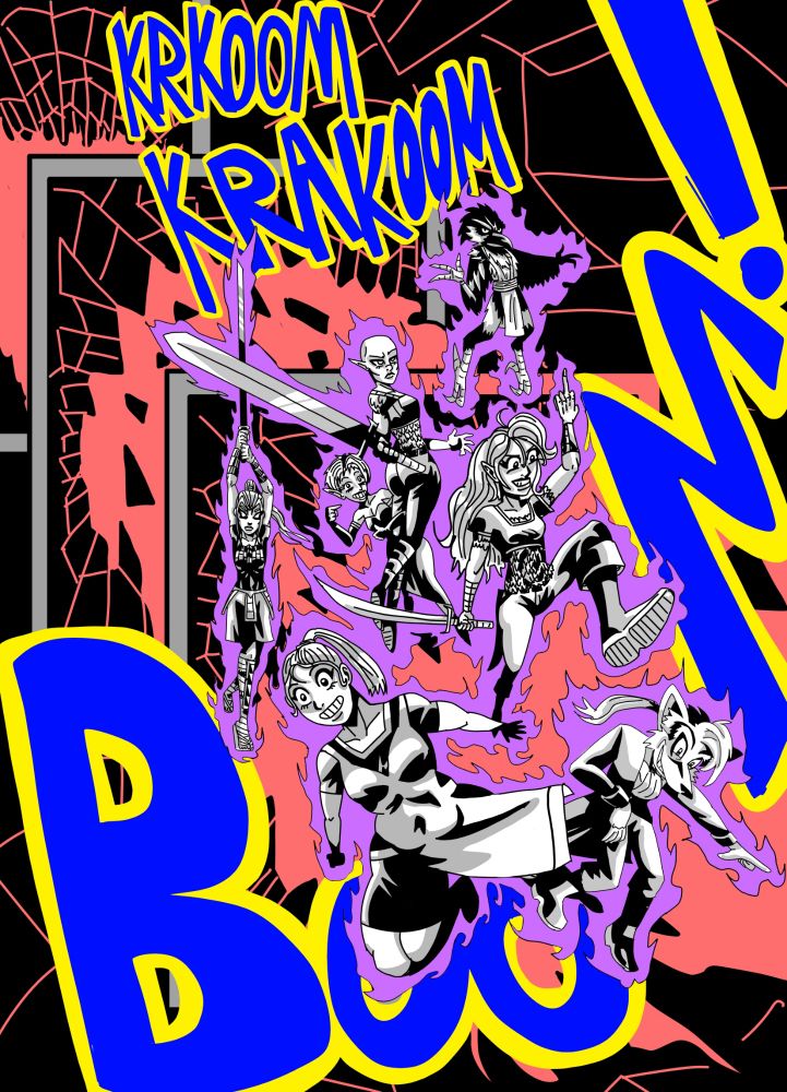 A group of heroes explode through multiple layered planes of pitch black glass, representing a shattered dimension.