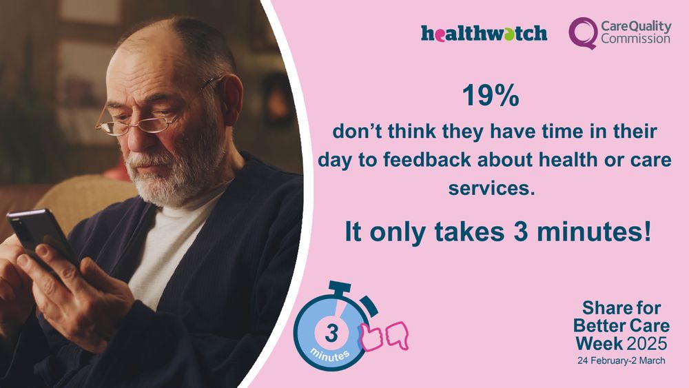 19% don’t think they have time in their day to feedback about health or care services. It only takes three minutes! Photo of an elderly man looking at his mobile phone. Logos for Healthwatch, Care Quality Commission and Share for Better Care Week.