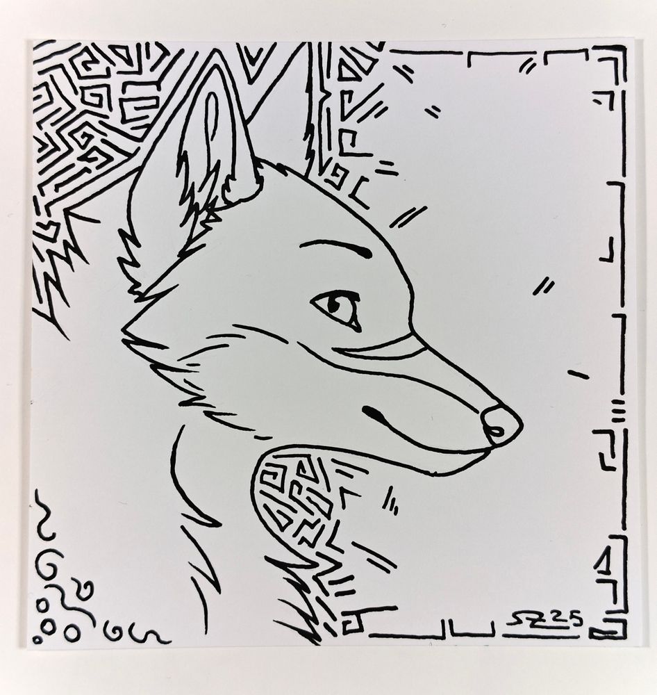 Squared artwork of a fox head in profile. Just black lineart surrounded by some small lines  in the background 