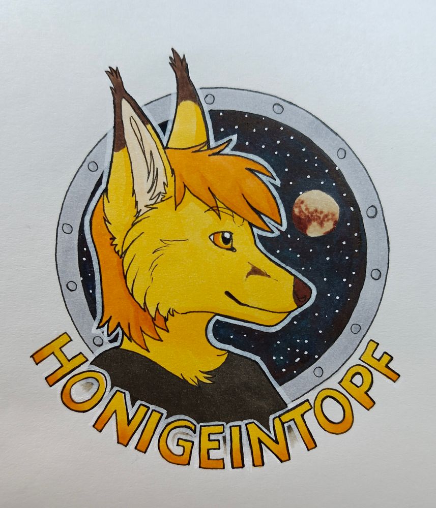 Profile headshot of a yellow fox character in front of a round window. On the other side of the window is the dark space with stars and Pluto. At the bottom is the name of the character "Honigeintopf"