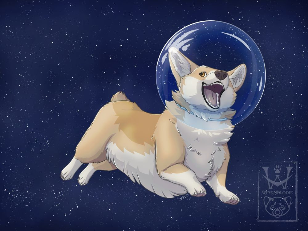 A corgi in space in a jumping motion with a very happy face, mouth wide open. It wears a glass globe over its head. Everything else is exposed to the space. The background is deep blue with small star spots