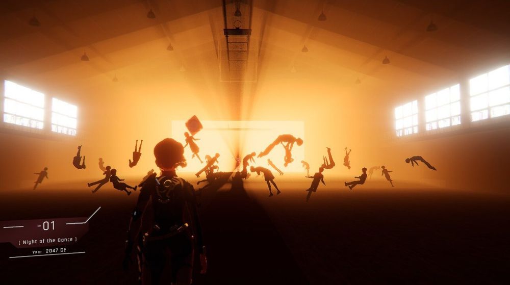Screenshot of 1000xResist. Player character stands in a high school gym, surrounded by floating bodies that filter rays of bright, orange light.