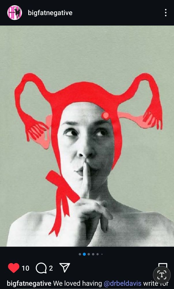 Photo collage of a woman wearing a red fallopian hat, tied with a red bow under her chin, the fallopian tubes make it rather like a jester's hat. The ovaries are like bells. She holds her finger to her lips because this image illustrates a section of my book about women's secrets. The photo is black and white. The background a pistachio ice-cream green colour.