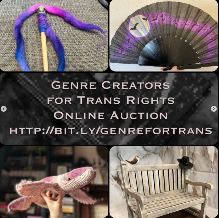 Handmade things of beauty donated for the Genre Creators for Trans Rights online auction. Images clockwise from top right, handspun Kent Romney yarn in trans colours, a hand-painted fan, a handmade music box inspired by Good Omens, which is a white wooden bench with a bird perching on it and a black hat resembling Terry Pratchett's iconic hat, a crocheted pink whale held aloft by a person's hand. 