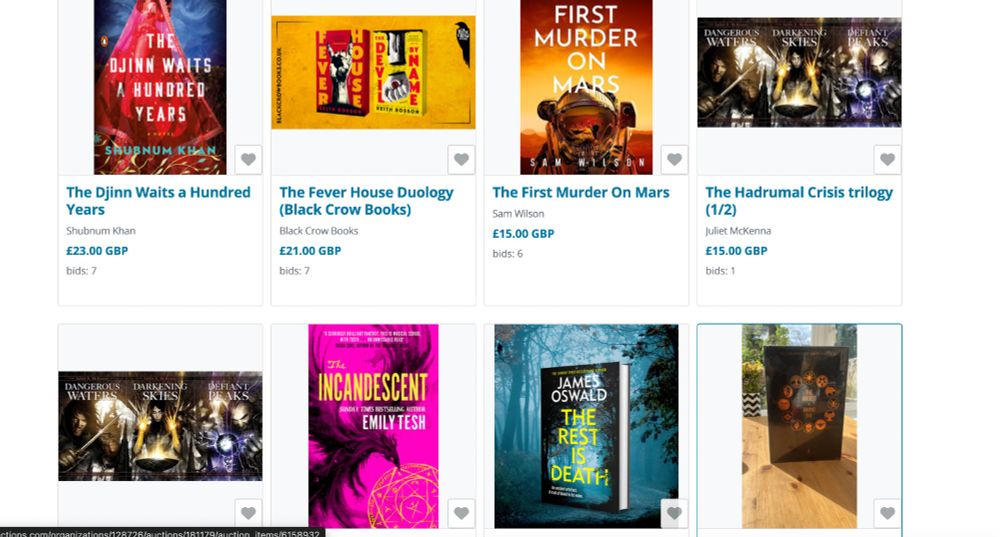 Screengrab of the Genre for Trans Rights auction, featuring various novels and a collectible Wicked & The Divine bit.ly/genrefortrans