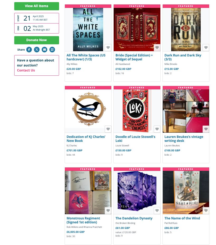 Some of the featured items on the Genre Creators for Trans Rights Charity Auction, inclkuding books, a desk, a dedication in KJ Charles' new book. 