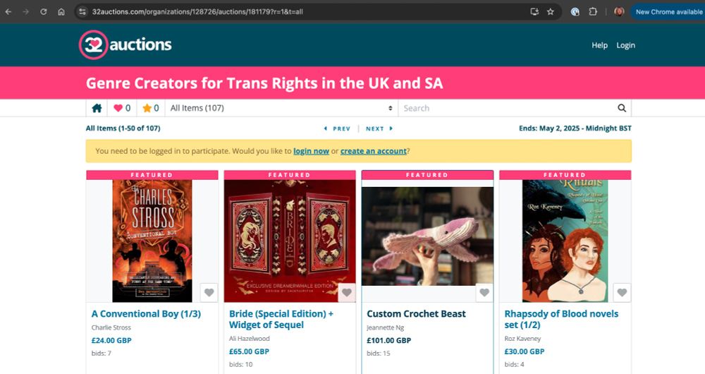 Screengrab of the Genre Creators for Trans Rights in the UK and SA charity auction. bit.ly/genrefortrans