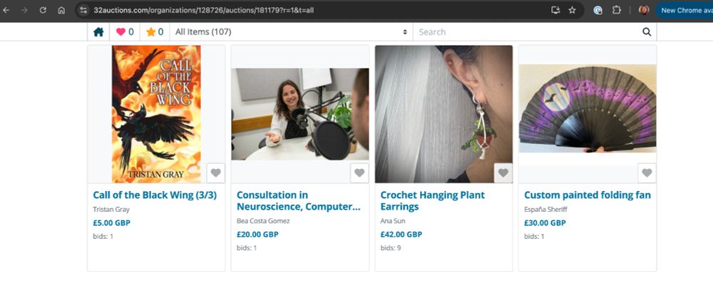 Screengrab of some of the lots of the Genre Creators for Trans Rights charity auction bit.ly/genrefortrans including the novel Call of the Black Wing, a photograph of neuroscientist Bea Costa Gomez offering science consults for writers, crocheted hanging plant earrings and a custom hand painted fan