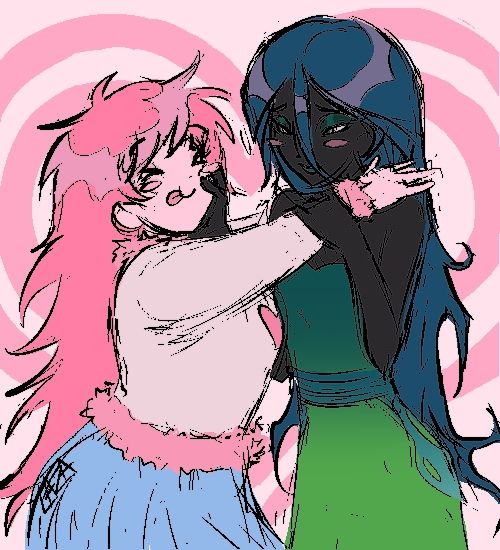 humanized flufflepuff and chrysalis being gay with a big pink heart behind them