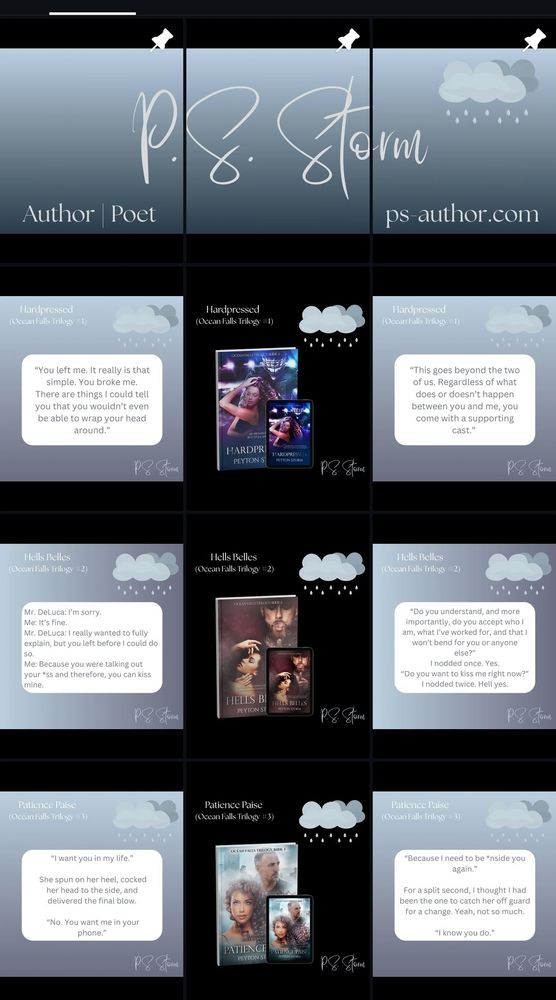 @p.s.author IG grid featuring my Ocean Falls Trilogy with each book getting its own row.