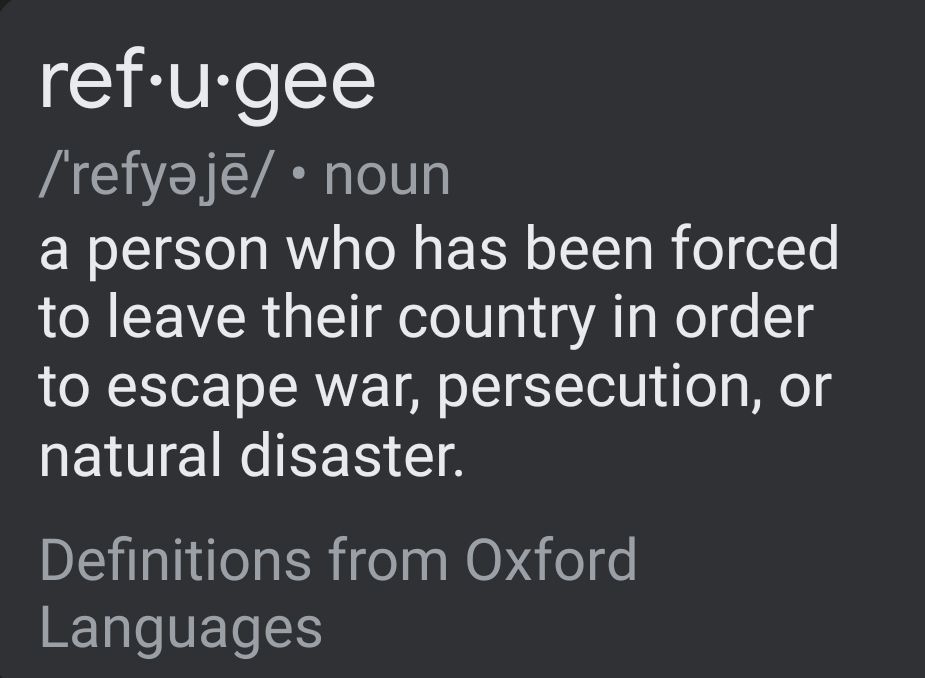 Refugee: A person who has been forced to leave their country in order to escape war, persecution, or natural disaster.