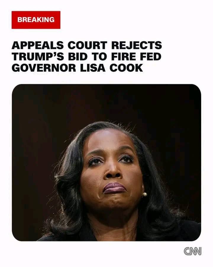 President Donald Trump cannot remove
Lisa Cook from the Federal Reserve's Board of Governors for now, a federal appeals court said in an emergency ruling, hours before the central bank's two-day monetary policy meeting kicks of