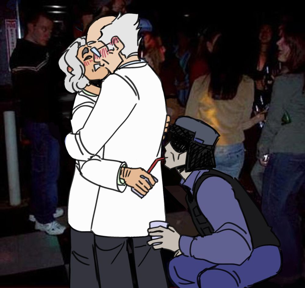 draw-over of a photograph. All the characters are from Half Life VR but the AI is Self Aware. Coomer and Bubby are embracing and having a little kiss, and Coomer is holding a soda. Benrey is crouching behind Bubby's back and taking a sip from the soda straw while they're both occupied. The original photo background is present and the characters are flatly colored. 