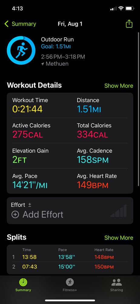 Various stats that show that I ran 1.5 miles in 21 minutes.