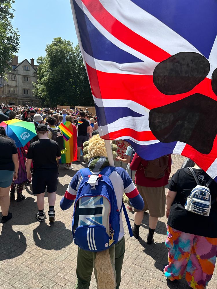 Cambridge pride parade. People flags. Fursuiter carrying union flag waith black paw symbol on it. UkFur logo