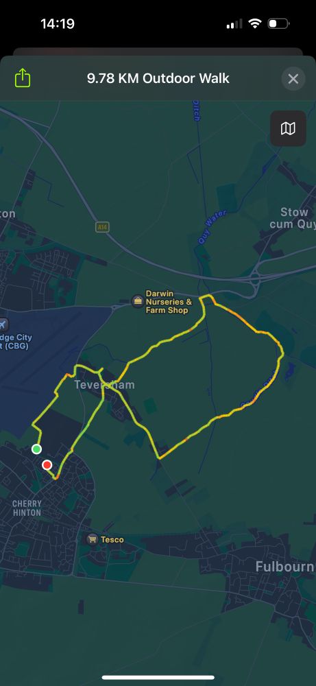 Path of a 10 km fennish walk around Teversham