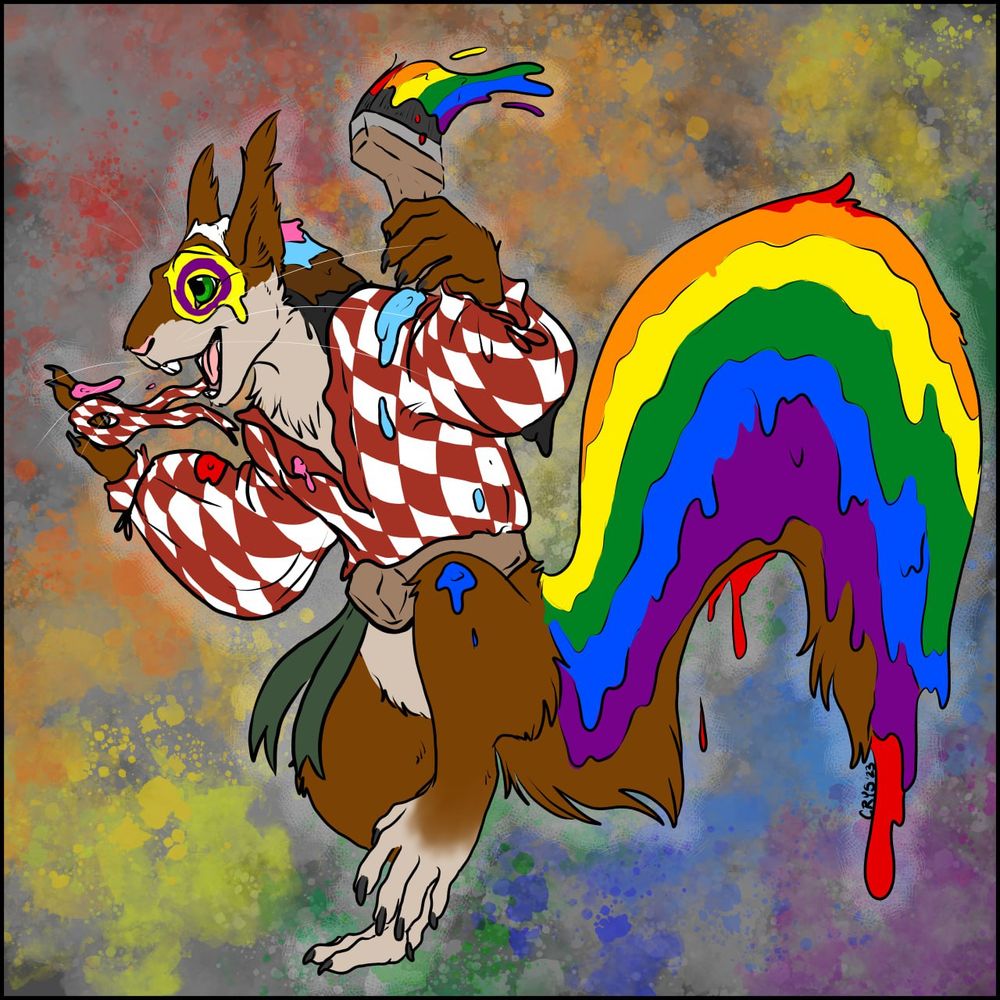 Harlequeen in a red and white diamond shirt holding his similar mask and a rainbow paint brush. He's painted himself as the progress flag, his tail dripping with paint.