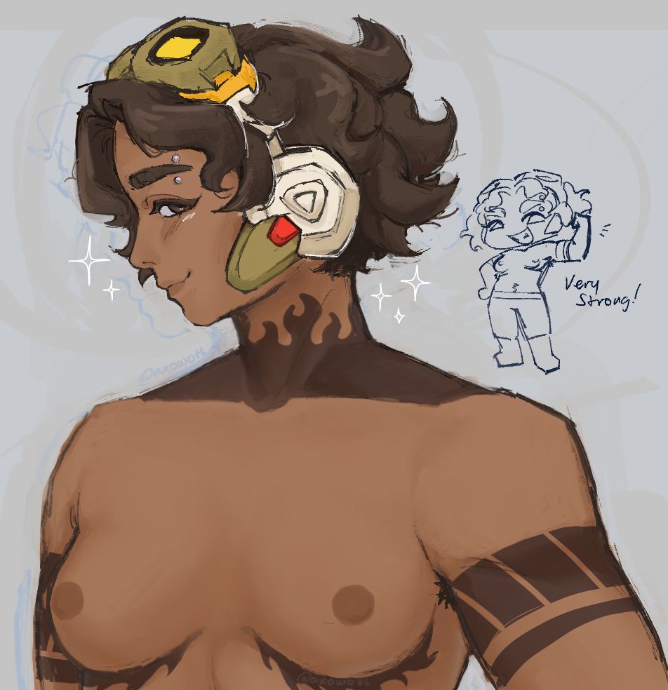 The character Venture from the Overwatch 2 series topless, showing off their chest and tattoos