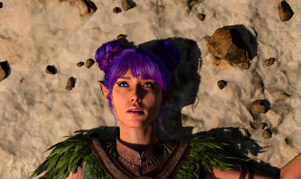 Screenshot of Baldur’s Gate 3. Jupie’s character Zynara is laying on the beach after crash landing. 