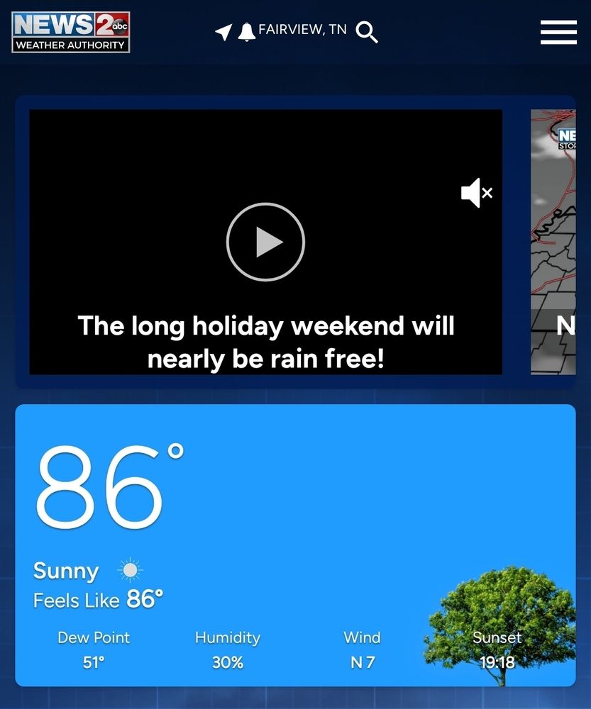 A weather app showing 86 degrees. 