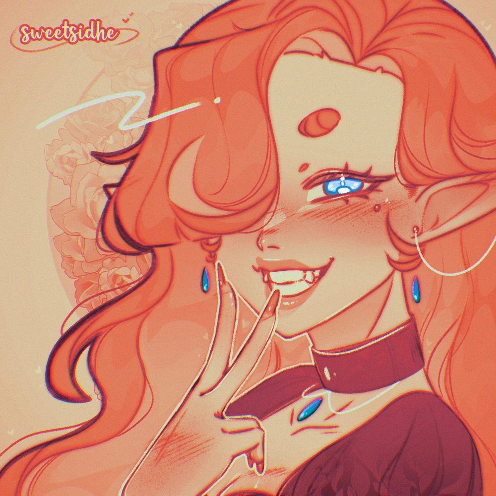 A sketchy bust of an elven princess with bright blue eyes and a snaggletooth. She grins mischeviously at the viewer, two long and nailed fingers pressed to her face.