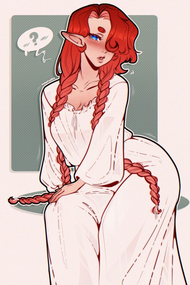 A simply shaded piece of Æìlis, a sun-elven princess, wearing a white chemise with her hair tightly braided into two long sections. Her face and nails are bare, as though she were winding down for the day.