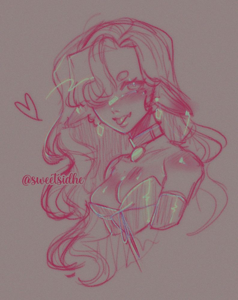 A sketch of an elven woman whose long ears are pressed downwards, a faint blush on her cheeks. She looks to the side with a cheeky smile and the tip of her tongue out.