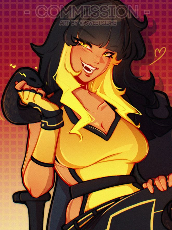 A cropped and resized half-body illustration of a snake-person sitting upon a swivel chair, looking to the camera with a fanged smile. She scratches the chin of a long, black snake which drapes across her shoulders.