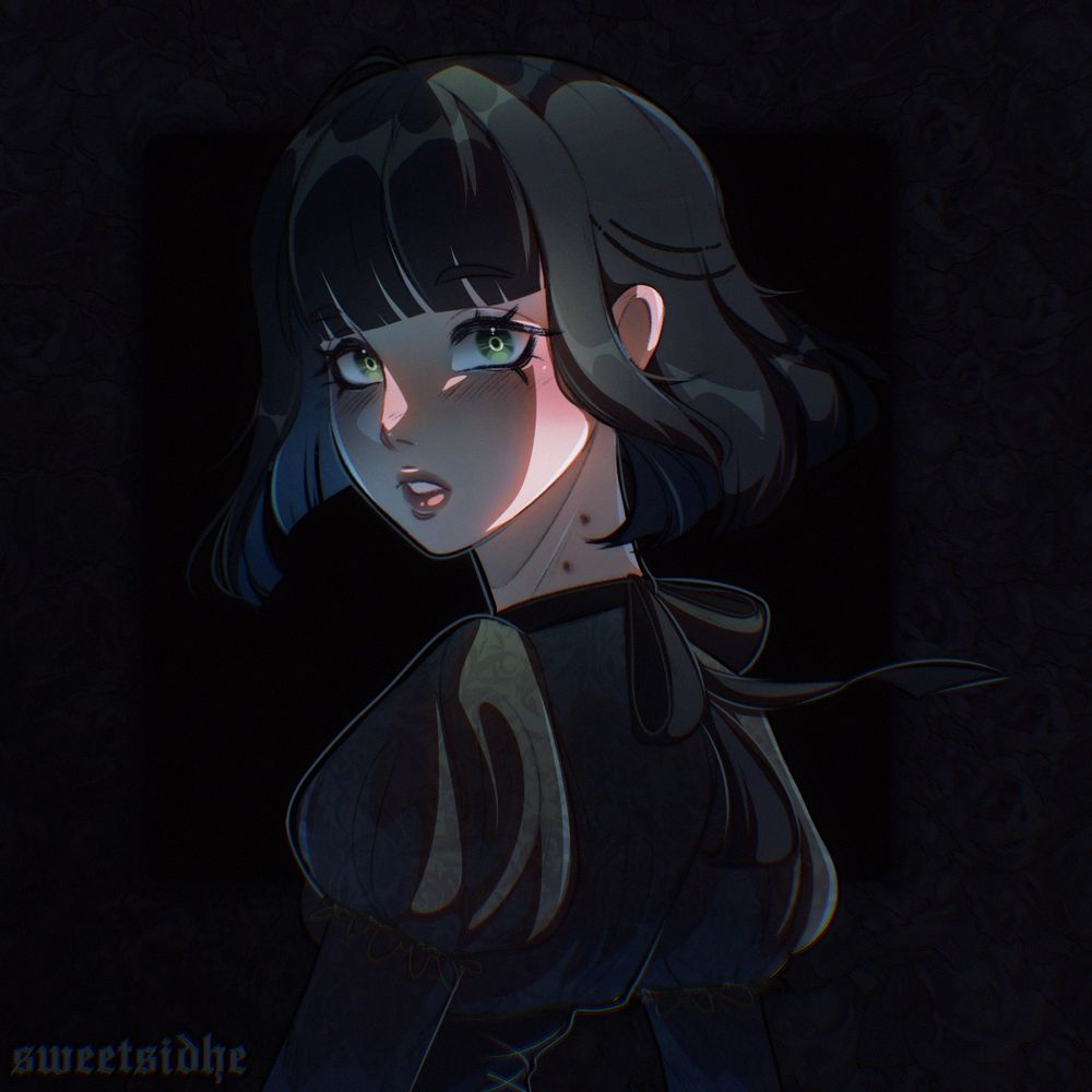 An illustration of a gothic woman with short, straight black hair looking to the camera. She's lit dramatically from the back, light shining upon her eyes as she looks to the camera with a somewhat intense yet surprised expression, hair and ribbon billowing upwards. She has two dots on her neck- wounds or scars from a prior vampire bite.