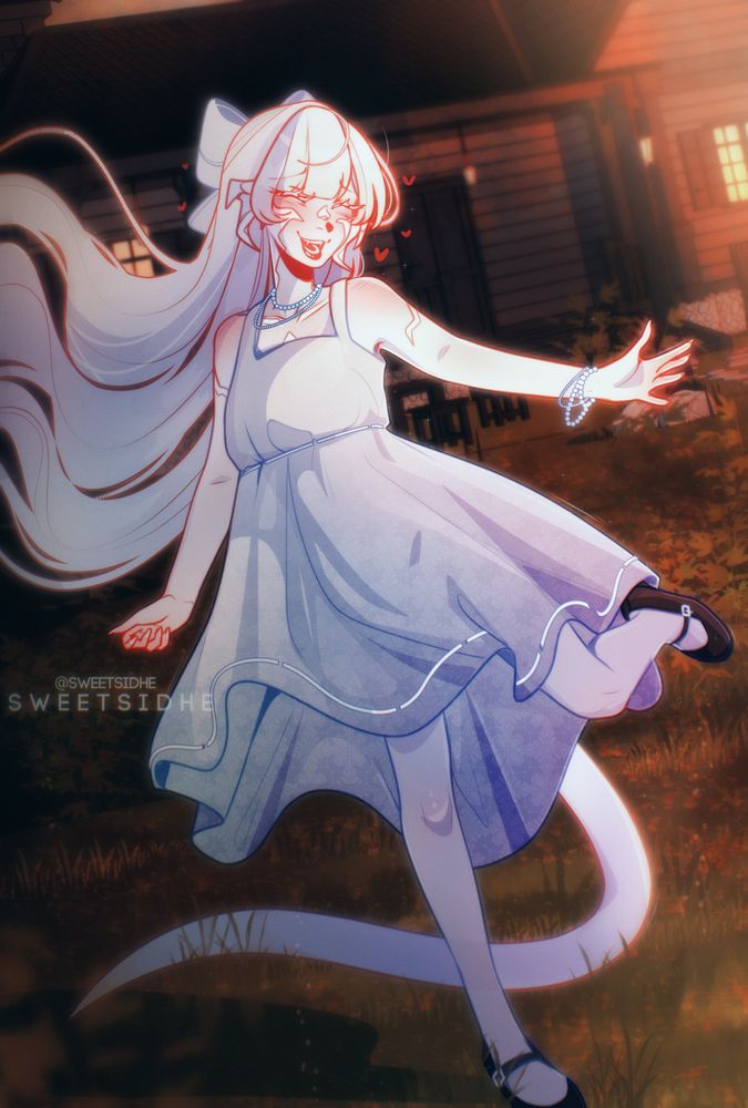 An illustration of an albino Au Ra, a dragon-like kemonomimi from Final Fantasy 14, twirling happily in the evening light.