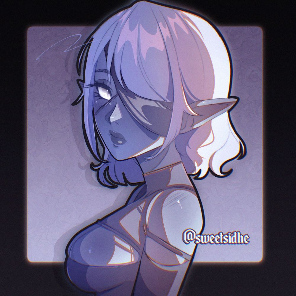An illustration of an elven individual,  their skin pale grey with short white hair. They look the viewer with a piercing white eye, cloaked in cool shadow.