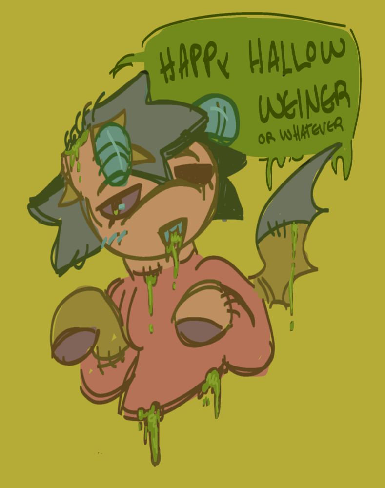 sketchy drawing of a green/yellow/brown batpegasus covered in stitches and oozing goop. he is saying "happy hallow weiner or whatever"