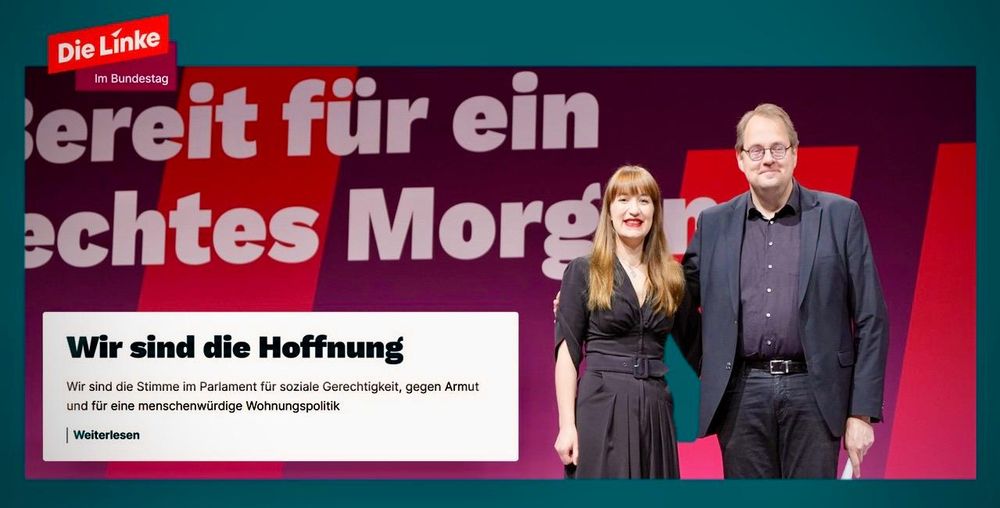 Screenshot der Homepage der Fraktion. Darauf sind Heidi Reichinnek und Sören Pellmann zu sehen, sowie die Nachricht "Wir sind die Hoffnung". (c) www.dielinkebt.de 