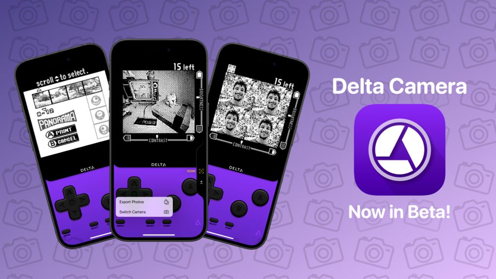Promo image for Delta Camera with screenshots and new app icon shown. Text: "Delta Camera, Now in Beta!”