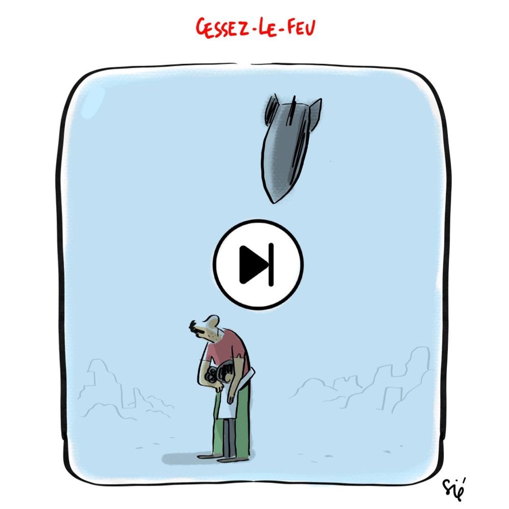 Titre : Cessez-le-feu 
Dessin : Vu sur un écran, au milieu de ruines un père protège sa petite fille d'un obus qui leur tombe dessus. La scène est figée par un bouton Pause au milieu de l'écran.