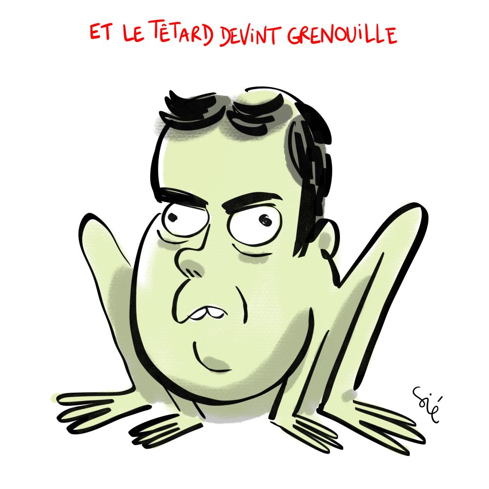 Titre : Et le têtard devint grenouille 
Dessin : une caricature de Sébastien Lecornu en grenouille.