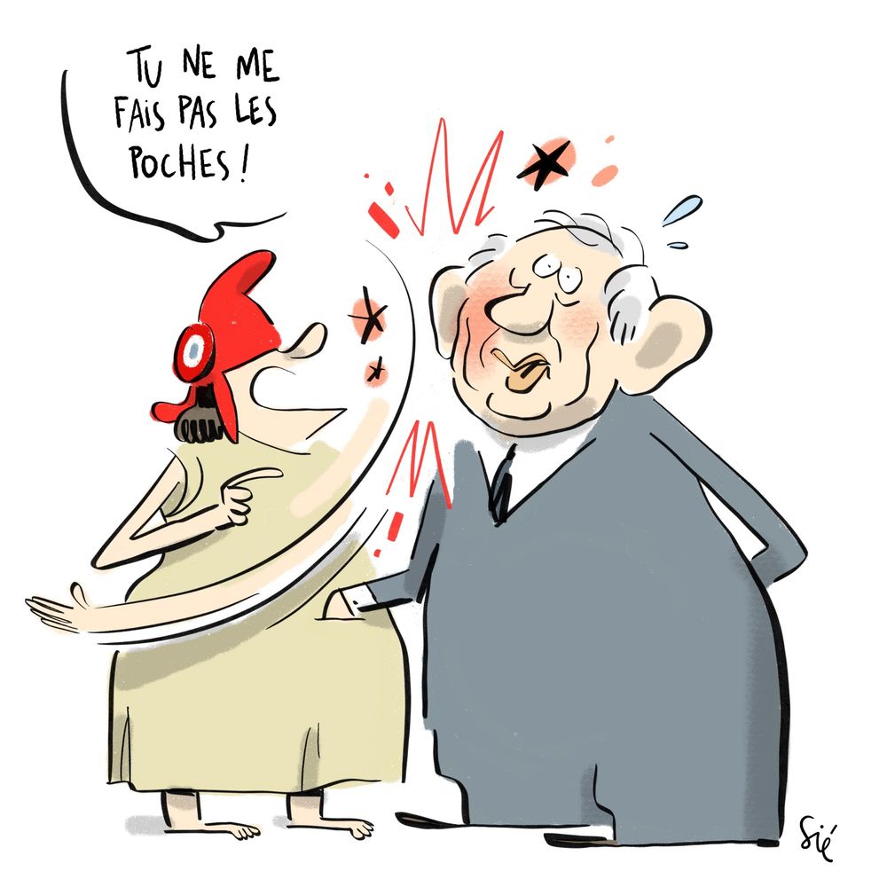Marianne donne une claque à Bayrou alors qu'il est en train lui faire les poches et lui dit : "Tu ne me fais pas les poches !"