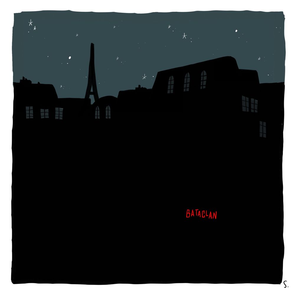 Dessin : Paris plongé dans le noir, sous un ciel étoilé. Dans la masse sombre des bâtiments, une seule lumière, l'enseigne rouge  du Bataclan.