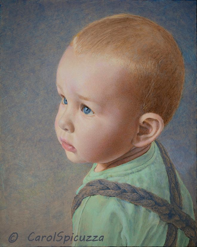 Acrylic painting of a blue-eyed toddler. looking to his left.