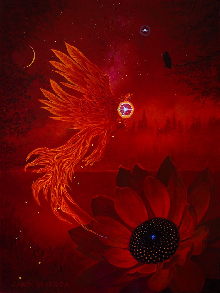 In this acrylic painting of a dream that was all in red, a phoenix rises from a sunflower and scatters golden seeds as it flies upward. It carries a hexagonal object the dreamer thought of as a symbol of the Self. there is a crescent moon in the upper left and an owl perched on a branch in the upper right of the scene.