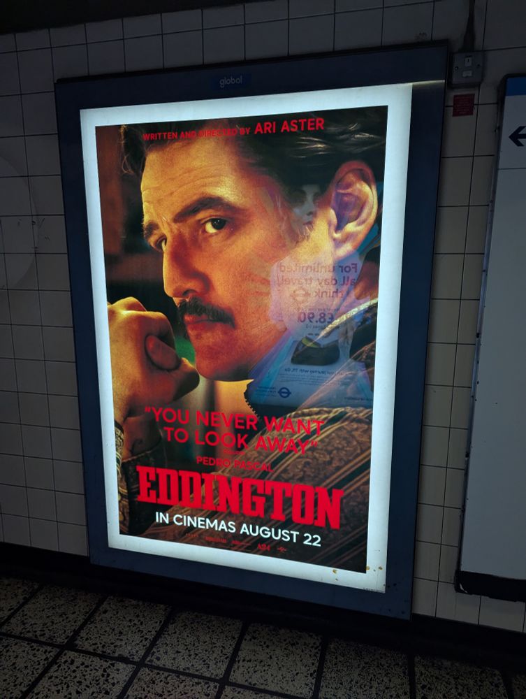 A poster for the film "Eddington" starring Pedro Pascal, which is presumably not a Paul Eddington biopic 
