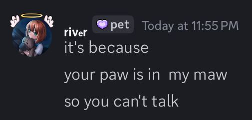 discord screenshot of River (@somefennecgirl) saying: “its because your paw is in my maw so you can’t talk”