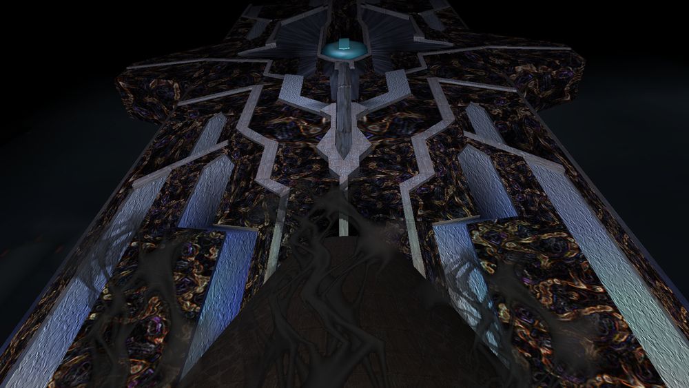 A view from below of a strange monolith, looks like the Zohar, covered in organic material